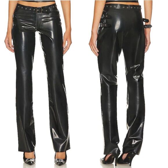 MIAOU Toni Black Latex Flares Buckle Cargo Pants Revolve Sz S NWT $450 - Picture 1 of 13
